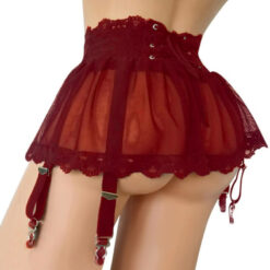 Cute Sissy See Through Corset Mini Skirt With Garters Wine Red