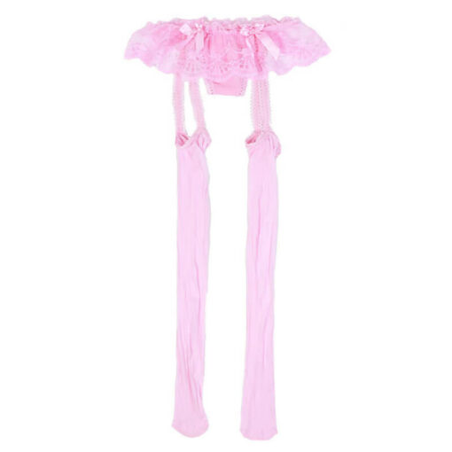 Femboy Silky Suspender Stockings With Lace Mini Skirt Pink Nature