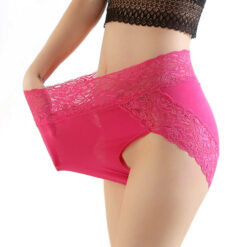 Plus Size Lace High Waist Panties For Sissy Men Rose Red Stretched Side