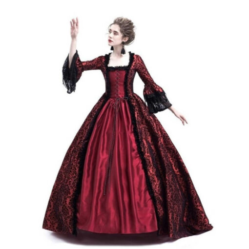 Plus Size Lace Medieval Corset Court Dress Wine Red Dancing1