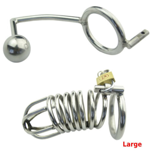 Steel Chastity Cage Butt Plug With Urethral Tube Large