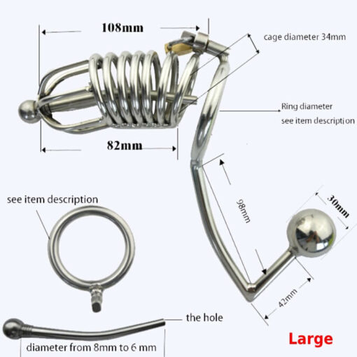 Steel Chastity Cage Butt Plug With Urethral Tube Large Size