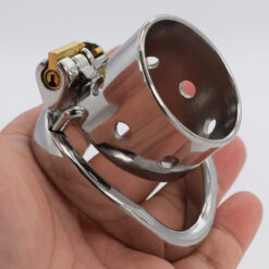 Short Open Ended Tube Chastity Cage With Curved Ring In Hand