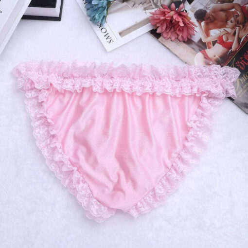 Frilly Lace Ruffled Crossdress Sissy Maid Panties Briefs Underwear Pink Flat Back