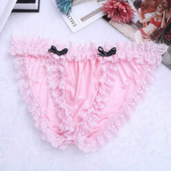 Frilly Lace Ruffled Crossdress Sissy Maid Panties Briefs Underwear Pink Flat Front