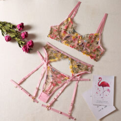 Erotic Embroidery Bandage Lingerie Set Pink