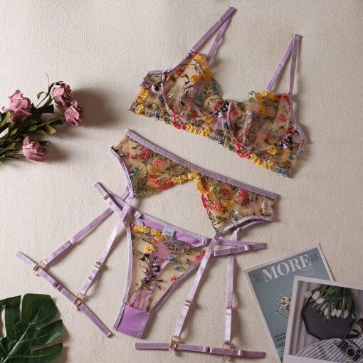 Erotic Embroidery Bandage Lingerie Set Purple