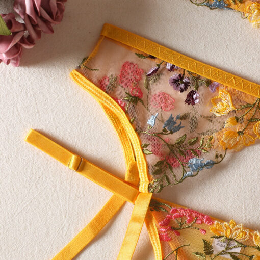 Erotic Embroidery Bandage Lingerie Set Yellow Details4
