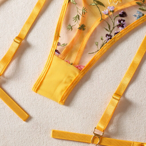Erotic Embroidery Bandage Lingerie Set Yellow Details6