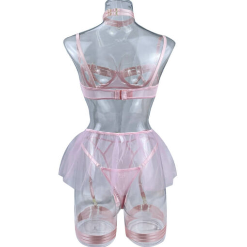 Luxurious Bandage Hollow Out Lingerie Set Model Pink Back