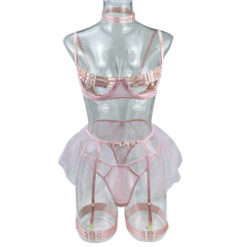 Luxurious Bandage Hollow Out Lingerie Set Model Pink Front