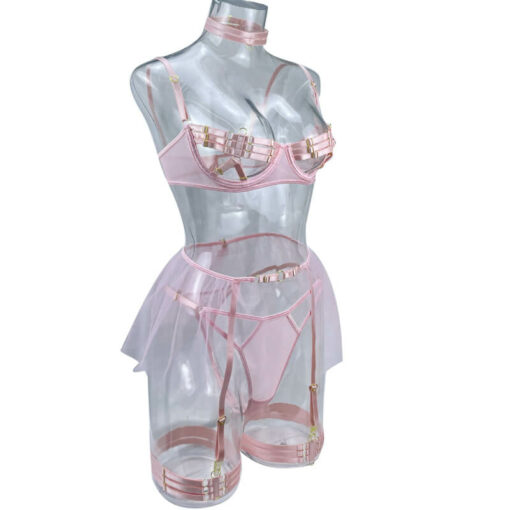 Luxurious Bandage Hollow Out Lingerie Set Model Pink Side