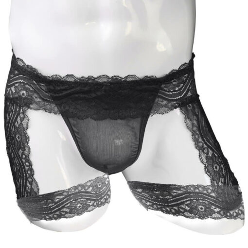 Femboy Lace Bandage Panties With Garter Black Model Front