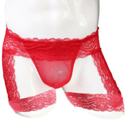 Femboy Lace Bandage Panties With Garter Red Model Front