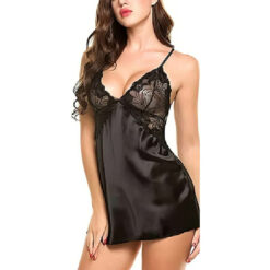 Sexy Satin Lace Backless Nightdress Black Front1