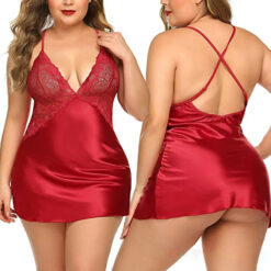 Sexy Satin Lace Backless Nightdress Red Plus Size