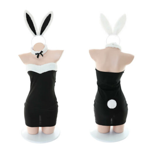 Cute Bunny Maid Outfit Wrap Buttock Bodysuit Dress Black Front And Back