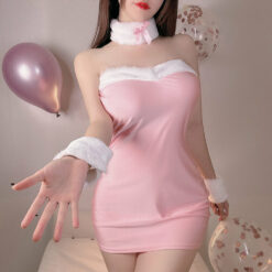 Cute Bunny Maid Outfit Wrap Buttock Bodysuit Dress Pink Front1
