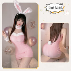 Cute Bunny Maid Outfit Wrap Buttock Bodysuit Dress Pink With Rabbit Tail