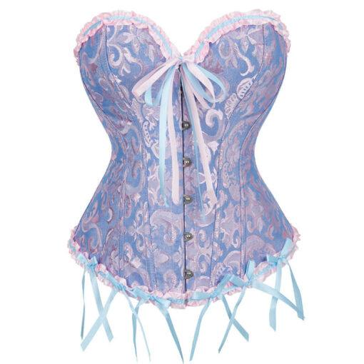 Plus Size Gothic Overbust Floral Patterned Corsets Blue