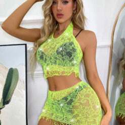 Shiny Rhinestone Fishnet Top And Mini Skirt Lingerie Set Green2