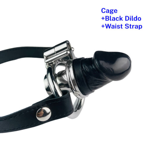Keyless Inverted Chastity Cage With Dildo Cage With Strap And Black Dildo
