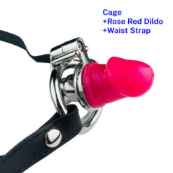 Keyless Inverted Chastity Cage With Dildo Cage With Strap And Rose Red Dildo