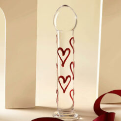 Red Hearts Ribbed Glass Dildo Front2