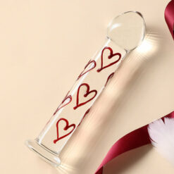 Red Hearts Ribbed Glass Dildo Side