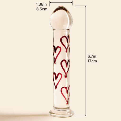 Red Hearts Ribbed Glass Dildo Size
