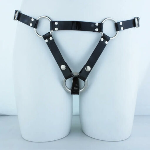 Three way Adjustable PU Leather Chastity Cage Belt Model Front