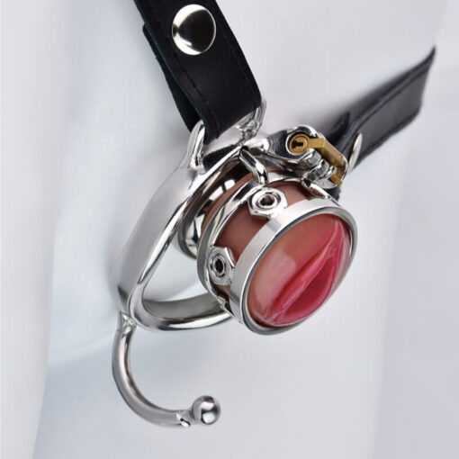 Realistic Silicone Pussy Inverted Chastity Cage With Red Pussy And Curved Ring And Strap2