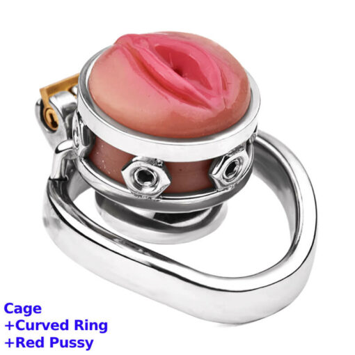 Realistic Silicone Pussy Inverted Chastity Cage With Red Pussy And Curved Ring1