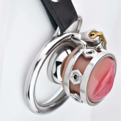 Realistic Silicone Pussy Inverted Chastity Cage With Red Pussy And Round Ring And Strap2