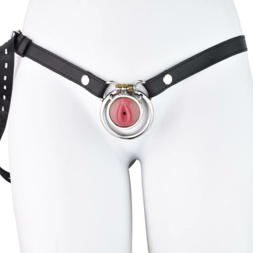 Realistic Silicone Pussy Inverted Chastity Cage With Red Pussy And Round Ring And Strap3