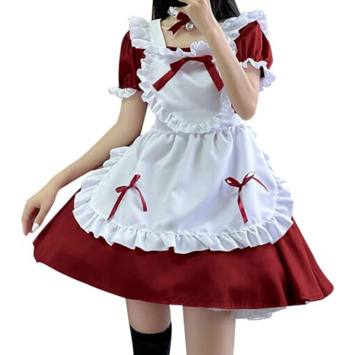 Cute Heart Lolita Maid Outfit Wine Red On Model
