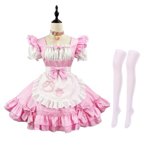 Cat Girl Sissy Maid Costume Dress Pink And Stockings