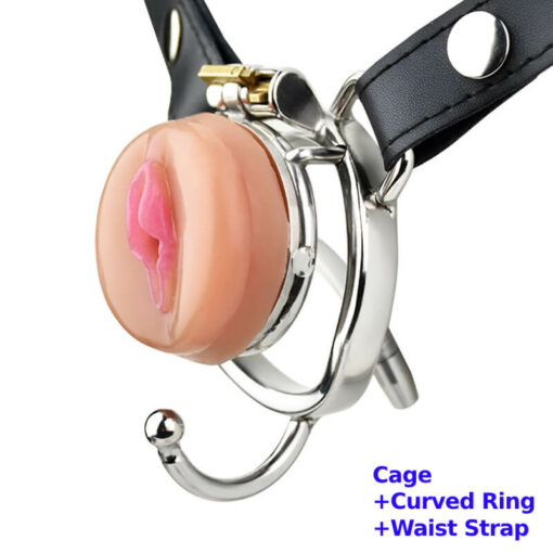 Realistic Pussy Flat Chastity Cage With Curved Ring And Strap1