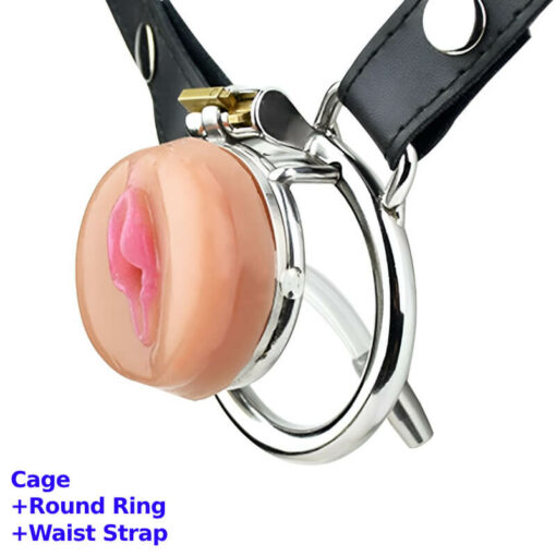 Realistic Pussy Flat Chastity Cage With Round Ring And Strap1