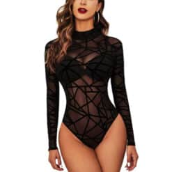 Sissy Geometric High Neck Long Sleeve Bodysuit Sleepwear Lingerie Black1