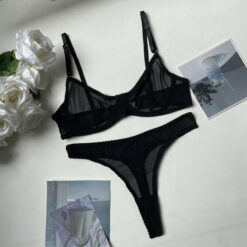 Femboy Sheer Mesh Lingerie Set Black Flat