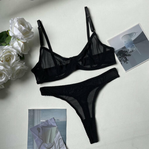 Femboy Sheer Mesh Lingerie Set Black Flat
