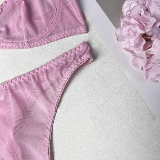 Femboy Sheer Mesh Lingerie Set Pink Detail 2