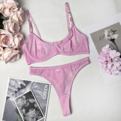 Femboy Sheer Mesh Lingerie Set Pink Flat