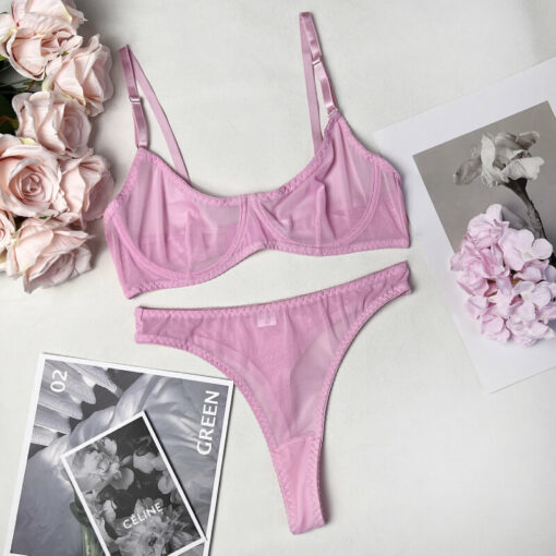 Femboy Sheer Mesh Lingerie Set Pink Flat