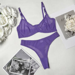 Femboy Sheer Mesh Lingerie Set Purple Flat