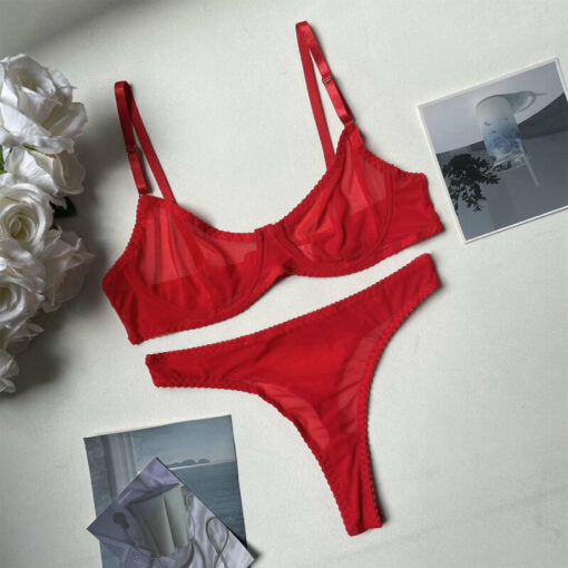 Femboy Sheer Mesh Lingerie Set Red Flat