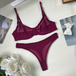 Femboy Sheer Mesh Lingerie Set Wine Red Flat
