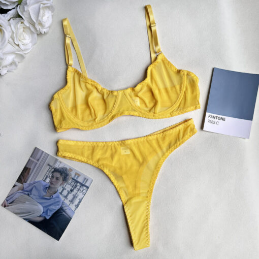 Femboy Sheer Mesh Lingerie Set Yellow Flat