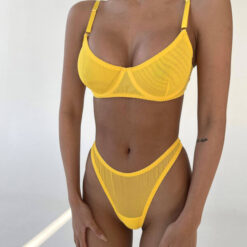 Femboy Sheer Mesh Lingerie Set Yellow Model 1